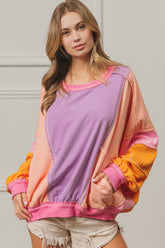 BiBi Women's Color Block Exposed Seam Sweatshirt with Pockets - Trendy & Functional